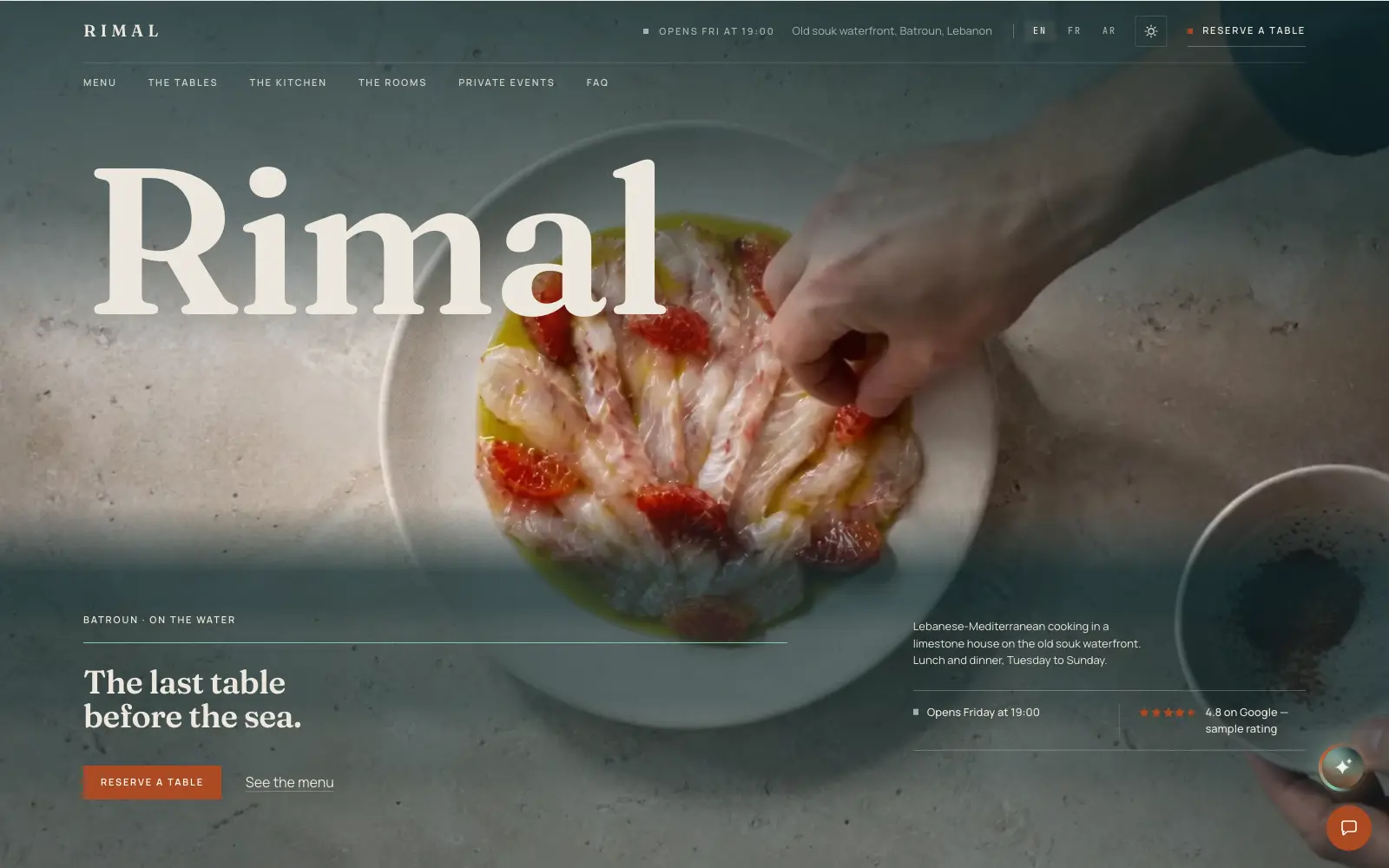 Rimal — The last table before the sea, booked from the sofa.